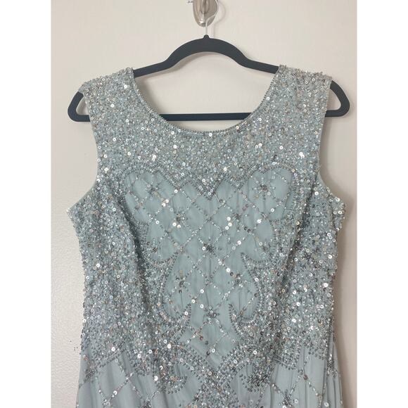 ADRIANNA PAPELL DRESS 10 GOWN SEQUIN BEADED LATTICE BLUE GRAY SLEEVELESS GODETS - Picture 10 of 16